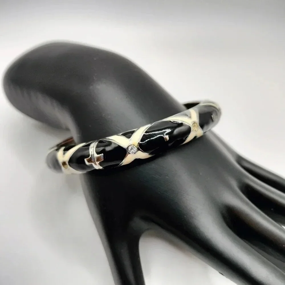 Black Cream Enamel Rhinestones Accents Hinge Closure Bangle Silver Tone Bracelet